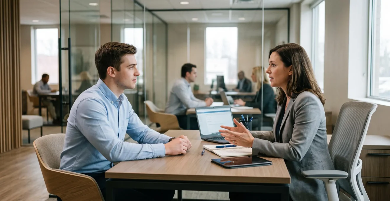 Jeune client en consultation avec un conseiller bancaire dans une agence moderne, échange naturel et accompagnement personnalisé.