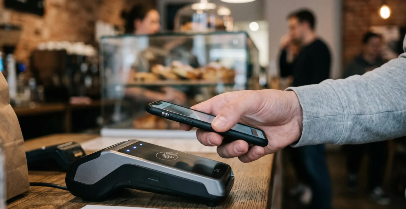 Gros plan sur une main de jeune effectuant un paiement sans contact avec un smartphone près d'un terminal de paiement moderne.